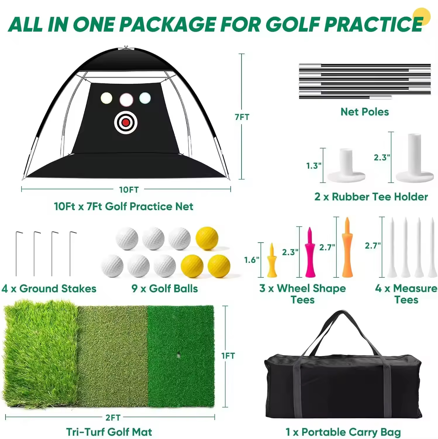 Golf Net 10x7ft Practice Net With Tri-Turf Mat All-In-1 Home Golf Hitting Aid for Backyard Driving Chipping Swing Training Black