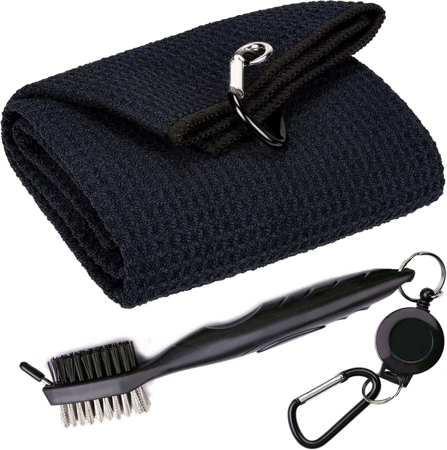 Golf Towel and Brush Set Microfiber Waffle Weave Cleaning Cloth Retractable Club Cleaner Kit Carabiner Clip Wholesale OEM