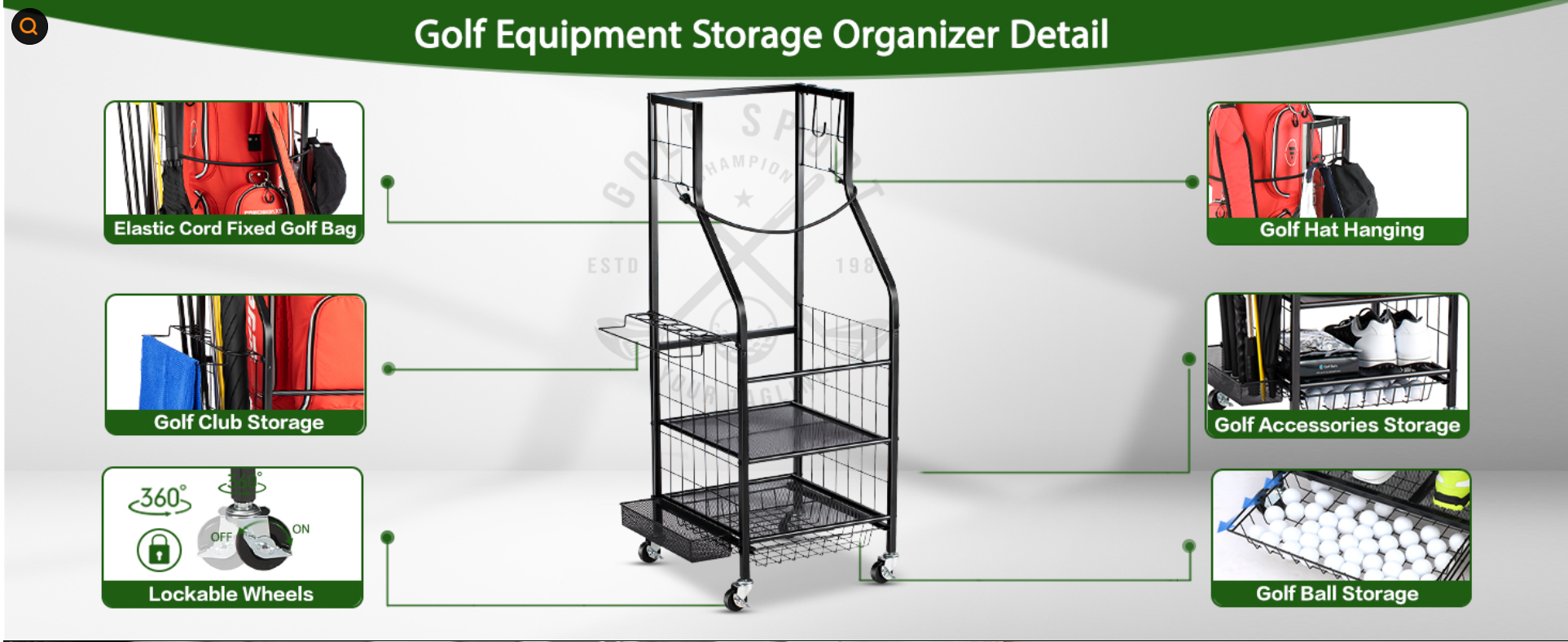 SIMPLY Perforated Aluminum Wire Golf Bag Storage Rack with Wheels for Clubs Storage Rooms & Basements