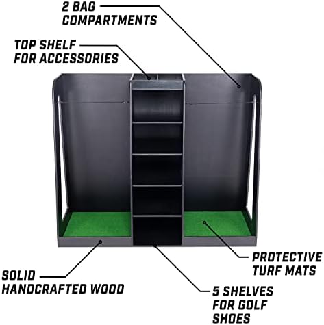 Premium Wooden Golf Bag Organizer and Storage Rack White or Brown Finish Holds 2 Golf Bags