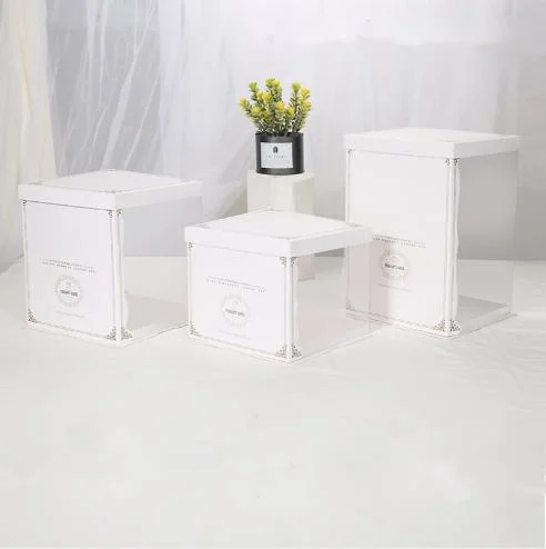 Embalagem de bolo de aniversário e casamento transparente de plástico personalizada por atacado, embalagem de papel para alimentos de padaria, caixa de presente clara em formato de cupcake dobrável rosa
