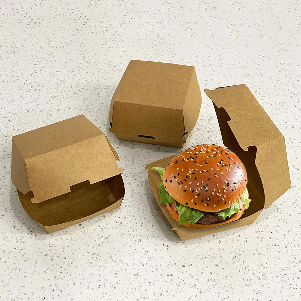 Caixas de Embalagem de Alimentos para Hambúrguer Personalizadas para Viagem, Caixa de Papel Kraft para Hambúrguer