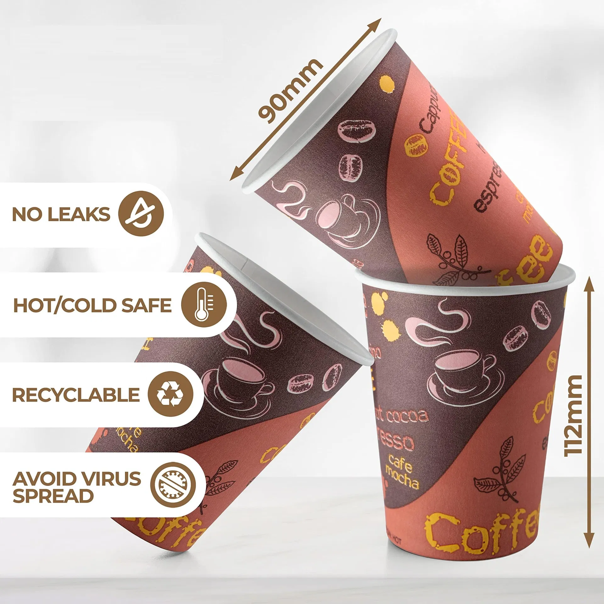 Copos de papel descartáveis personalizados com logo, revestidos com PE biodegradável, de parede simples, para levar
