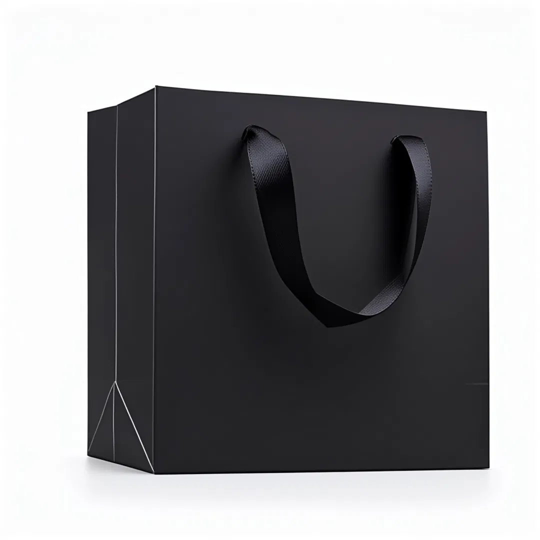 Saco de presente personalizado com logotipo, sacos de papel preto com alça de fita para compras