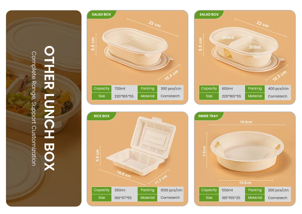 Caixas de Almoço Descartáveis para Comida, Biodegradáveis, de Amido de Milho