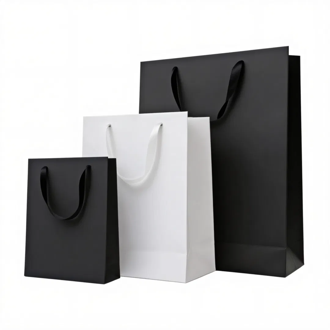 Saco de presente personalizado com logotipo, sacos de papel preto com alça de fita para compras