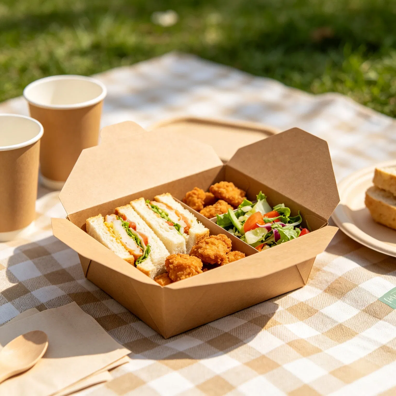 Caixa de papel kraft descartável em formato de concha para embalagem de comida para viagem e catering