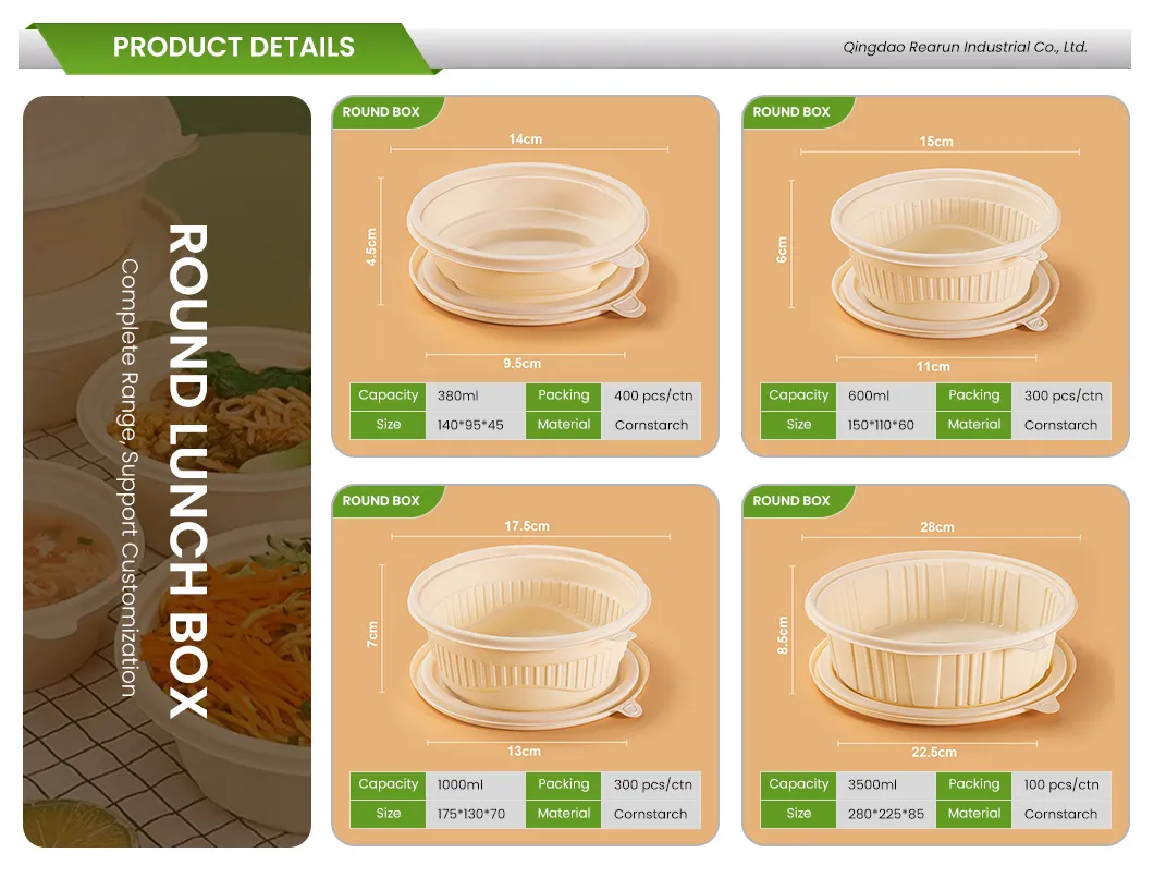 Caixas de Almoço Descartáveis para Comida, Biodegradáveis, de Amido de Milho