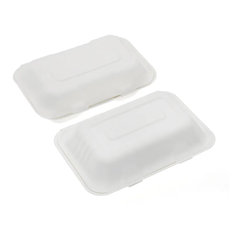 Container de Alimento Descartável de Bagasse para Comida para Viagem 9*6 Polegada Caixa Clamshell Cor Natural