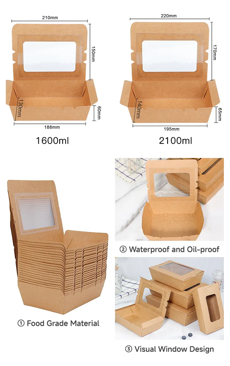 Caixa de Papel Kraft Reutilizável com Revestimento de PE para Fast Food, Caixa de Embalagem para Alimentos, Recipiente de Papel para Comida
