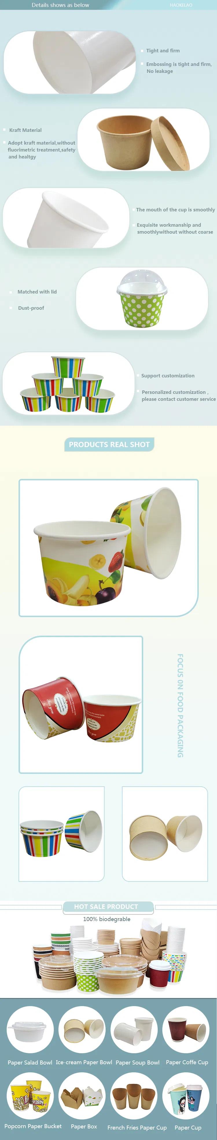 Bowl de Papel Branco de Grau Alimentício Ecológico Descartável para Sorvete, Sobremesa, Bebida Fria, Sopa Quente, Copo de Kraft para Embalagem de Comida para Viagem