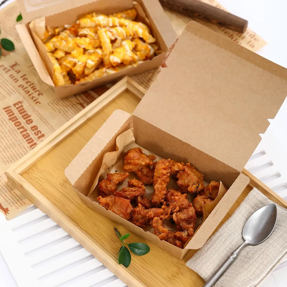 Tigelas quadradas de papel kraft, recipiente para comida para viagem