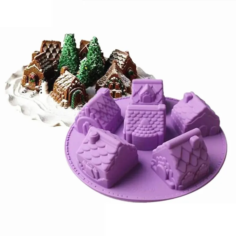 6-Cavity Forma de Bolo em Silicone em Forma de Casa Moldura de Sabão Moldura de Chocolate Alta Resistência à Temperatura