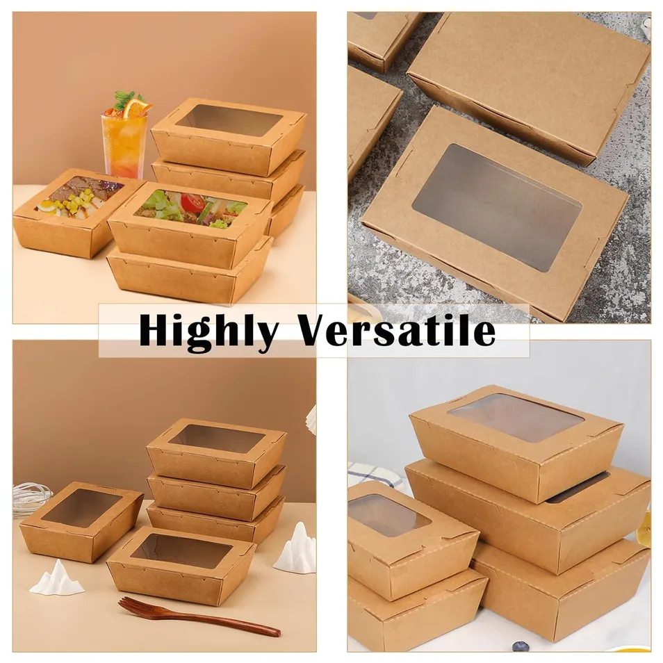 Tigelas quadradas de papel kraft, recipiente para comida para viagem