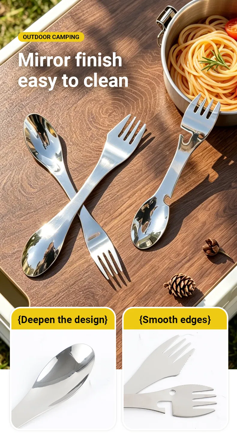 3-in-1 Colher Garfo Spork de Aço Inoxidável Design Contemporâneo Talheres Combo Cabo Longo Não Tóxico para Camping Cozinha