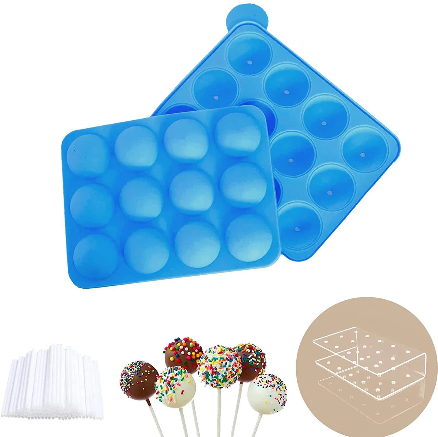 Conjunto de Moldes de Pirulito de Silicone por Atacado 12-Cavity com Palitos de Papel e Suporte de Exibição de Acrílico para Pirulito Moldes para Bolo