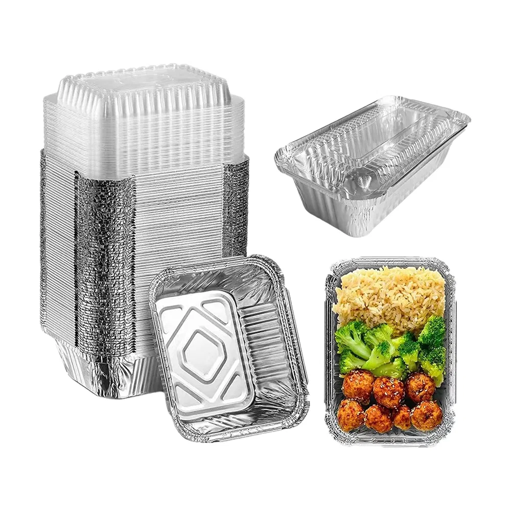 Recipiente de alumínio descartável personalizado para alimentos, bandeja de papel alumínio para assar, recipiente retangular de papel alumínio com tampas de papel