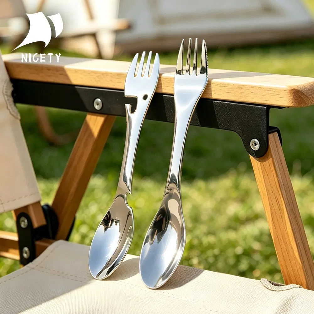 Nicety 3-in-1 Colher Garfo Spork de Aço Inoxidável Design Contemporâneo Talheres Combo Cabo Longo Não Tóxico para Camping Cozinha