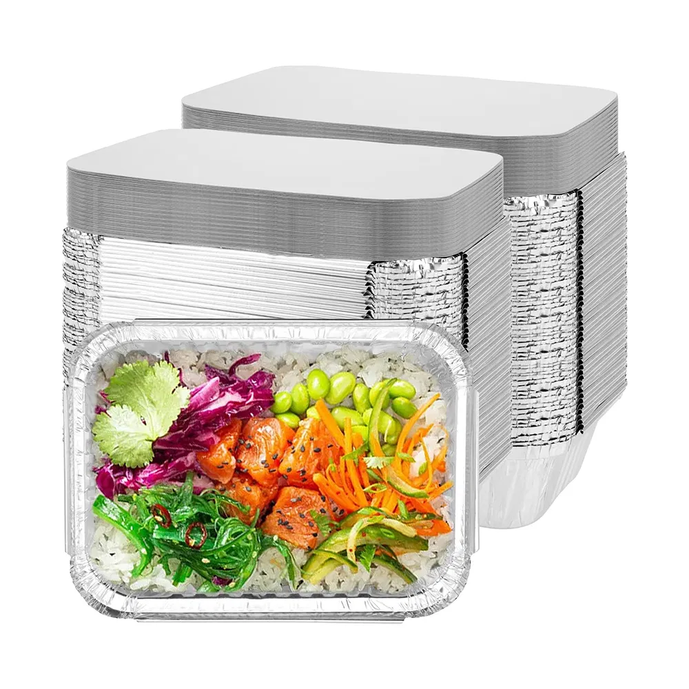 Recipiente de alumínio descartável personalizado para alimentos, bandeja de papel alumínio para assar, recipiente retangular de papel alumínio com tampas de papel