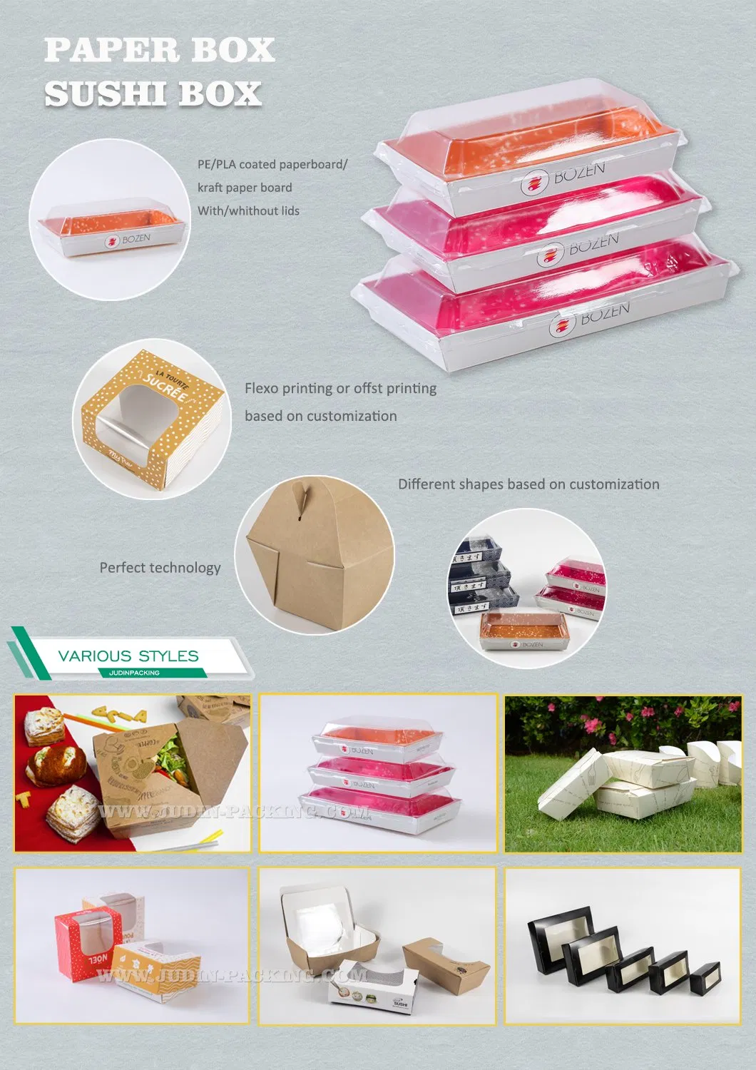 Bowl descartável para fast food, recipiente de papel kraft para embalagem de sushi