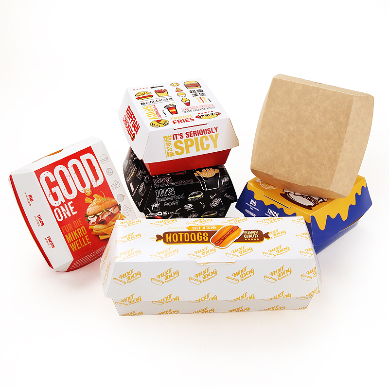 Impressão personalizada por atacado com logotipo, caixa de embalagem de papelão de alta qualidade para alimentos, embalagem de hambúrguer para restaurante de fast food e padaria, embalagem de clamshell de papel para hambúrguer