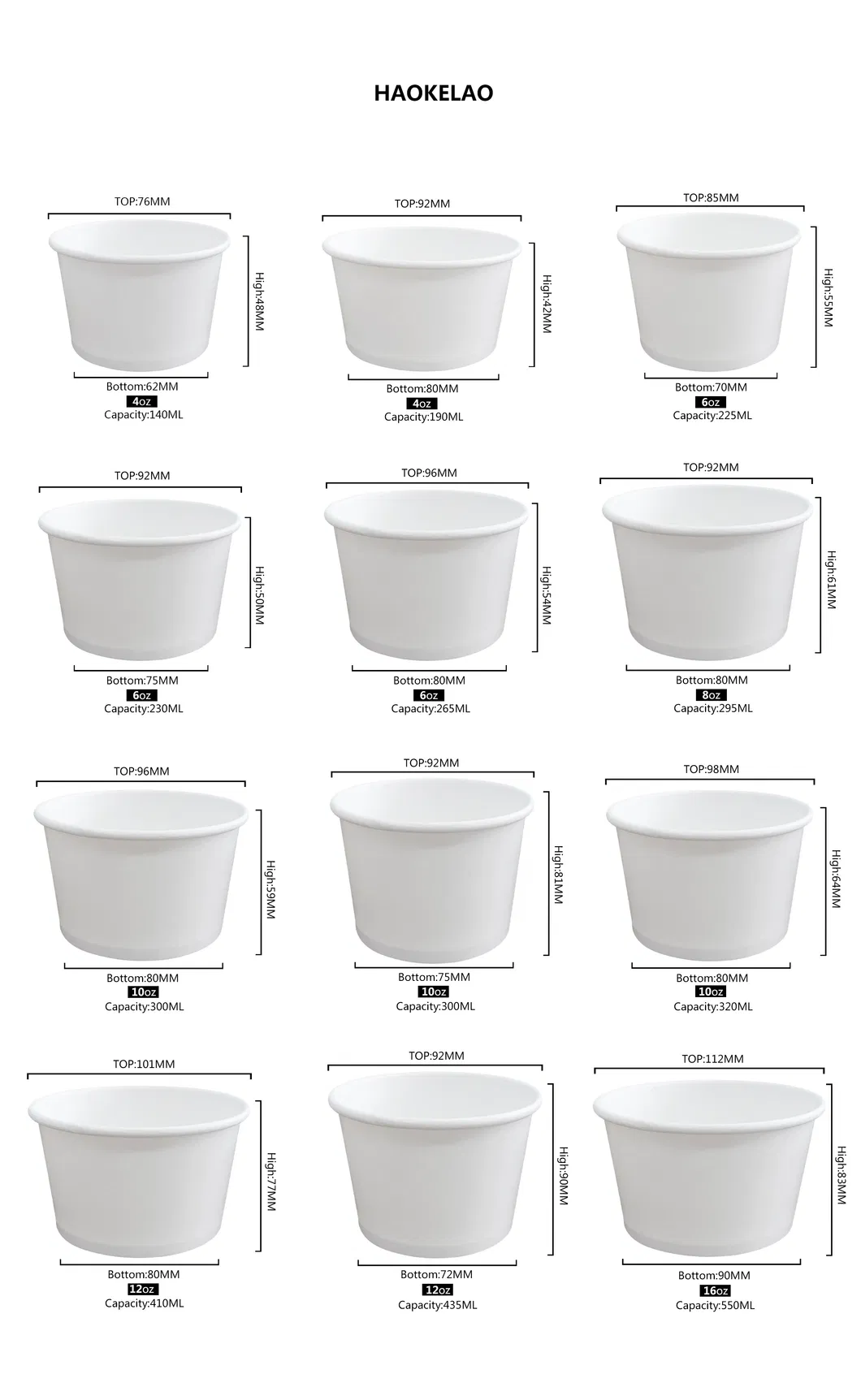 Bowl de Papel Branco de Grau Alimentício Ecológico Descartável para Sorvete, Sobremesa, Bebida Fria, Sopa Quente, Copo de Kraft para Embalagem de Comida para Viagem