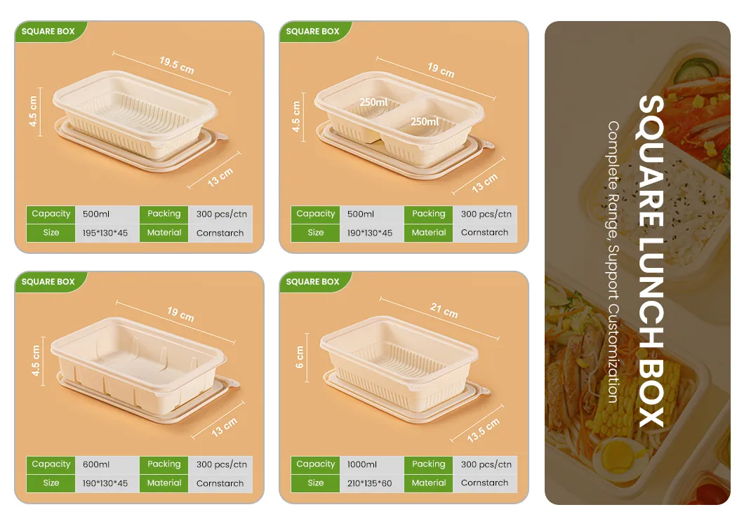 Caixas de Almoço Descartáveis para Comida, Biodegradáveis, de Amido de Milho