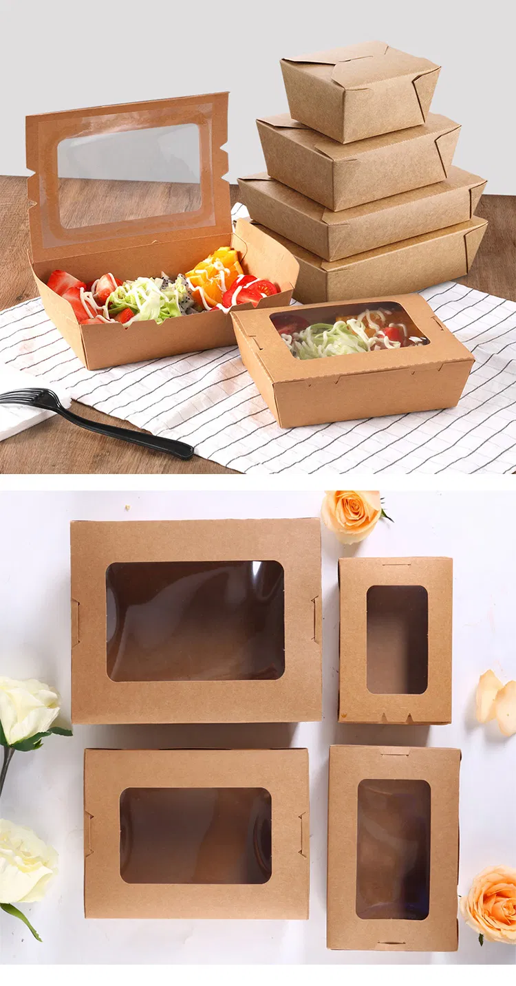 Caixa de Papel Kraft Reutilizável com Revestimento de PE para Fast Food, Caixa de Embalagem para Alimentos, Recipiente de Papel para Comida