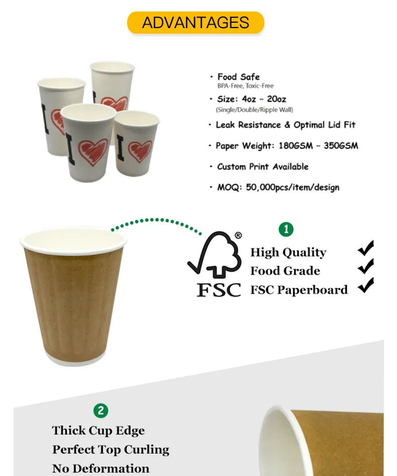 4-20oz Copos de papel descartáveis de parede simples e dupla com ondulação para bebidas frias e quentes