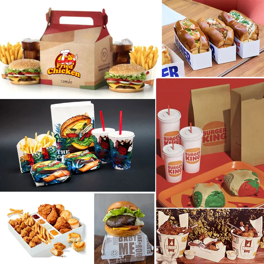 Caixa de embalagem de papel para hambúrguer biodegradável para fast food, opções de fornecimento personalizadas para container de entrega