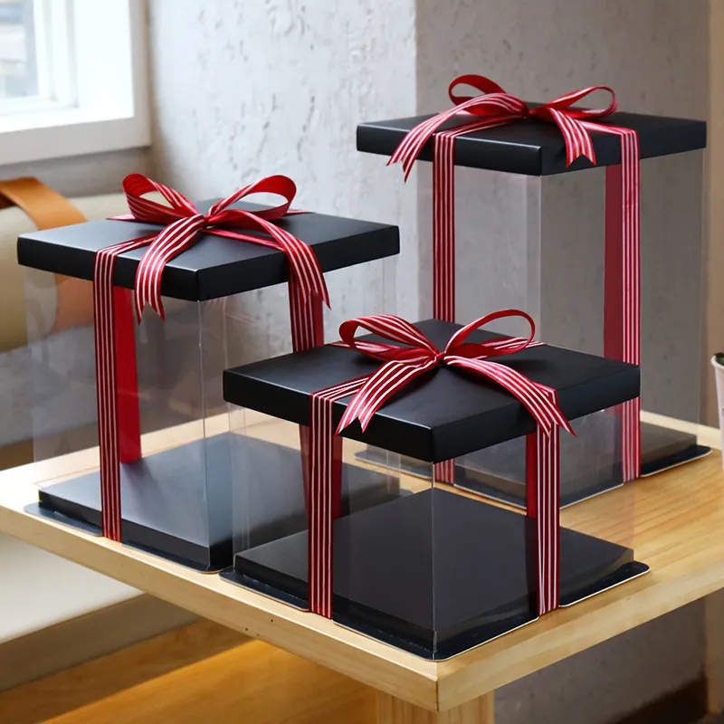 Embalagem de bolo de aniversário e casamento transparente de plástico personalizada por atacado, embalagem de papel para alimentos de padaria, caixa de presente clara em formato de cupcake dobrável rosa