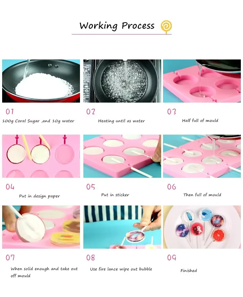 4-Hole Molde de Pirulito Circular, Molde de Pirulito de Doce Duro em Silicone, Molde de Bolo em Silicone, Grau Alimentício