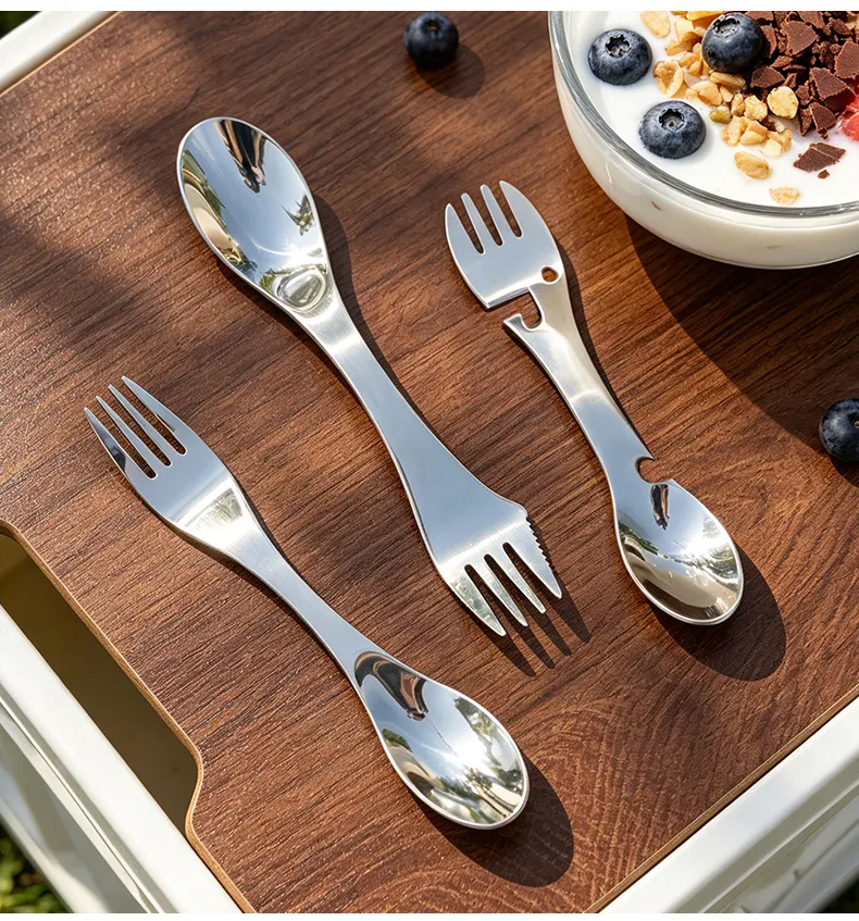 3-in-1 Colher Garfo Spork de Aço Inoxidável Design Contemporâneo Talheres Combo Cabo Longo Não Tóxico para Camping Cozinha