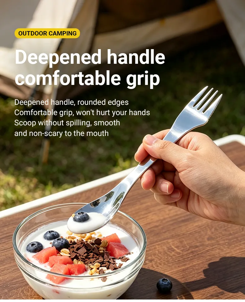 3-in-1 Colher Garfo Spork de Aço Inoxidável Design Contemporâneo Talheres Combo Cabo Longo Não Tóxico para Camping Cozinha