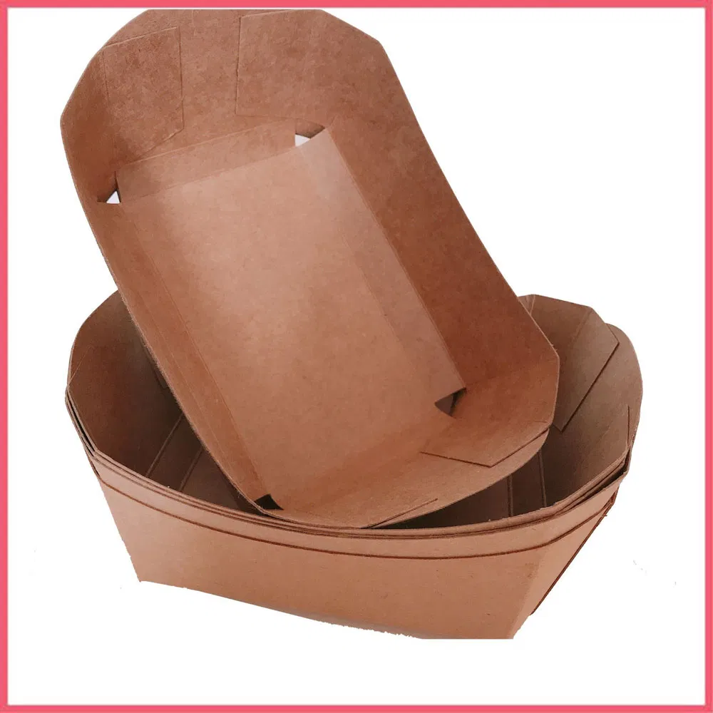 Caixa de embalagem para comida rápida em forma de barco, feita de papel kraft reciclado marrom natural, com logotipo impresso personalizado