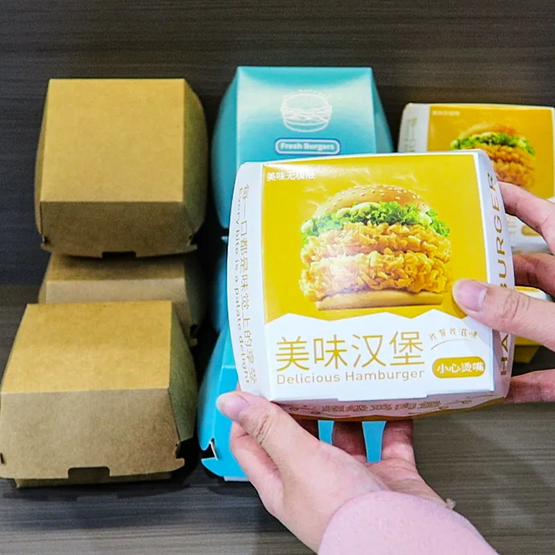 Caixas de Embalagem de Alimentos para Hambúrguer Personalizadas para Viagem, Caixa de Papel Kraft para Hambúrguer