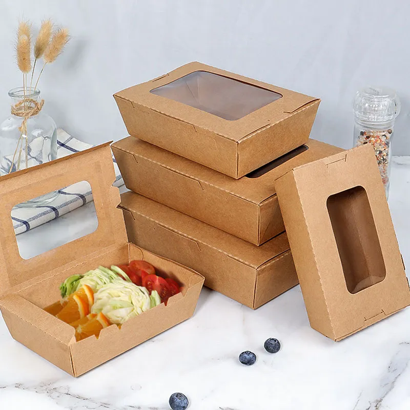 Container de Papel Kraft Descartável para Comida para Viagem para Noodle Taco Bolo com Janela