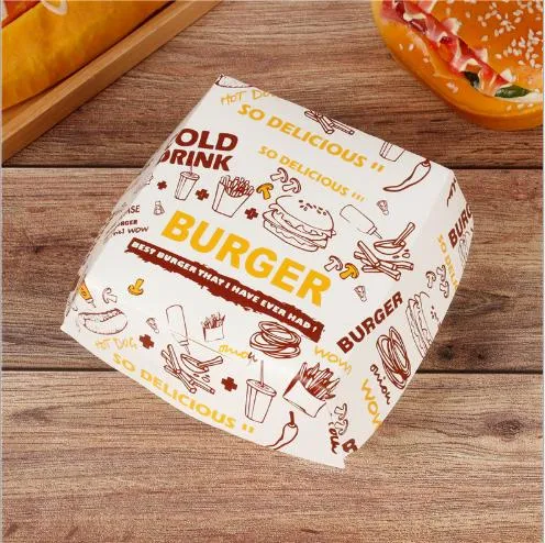 Impressão personalizada por atacado com logotipo, caixa de embalagem de papelão de alta qualidade para alimentos, embalagem de hambúrguer para restaurante de fast food e padaria, embalagem de clamshell de papel para hambúrguer