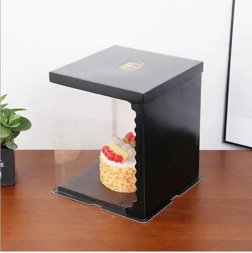 Embalagem de bolo de aniversário e casamento transparente de plástico personalizada por atacado, embalagem de papel para alimentos de padaria, caixa de presente clara em formato de cupcake dobrável rosa