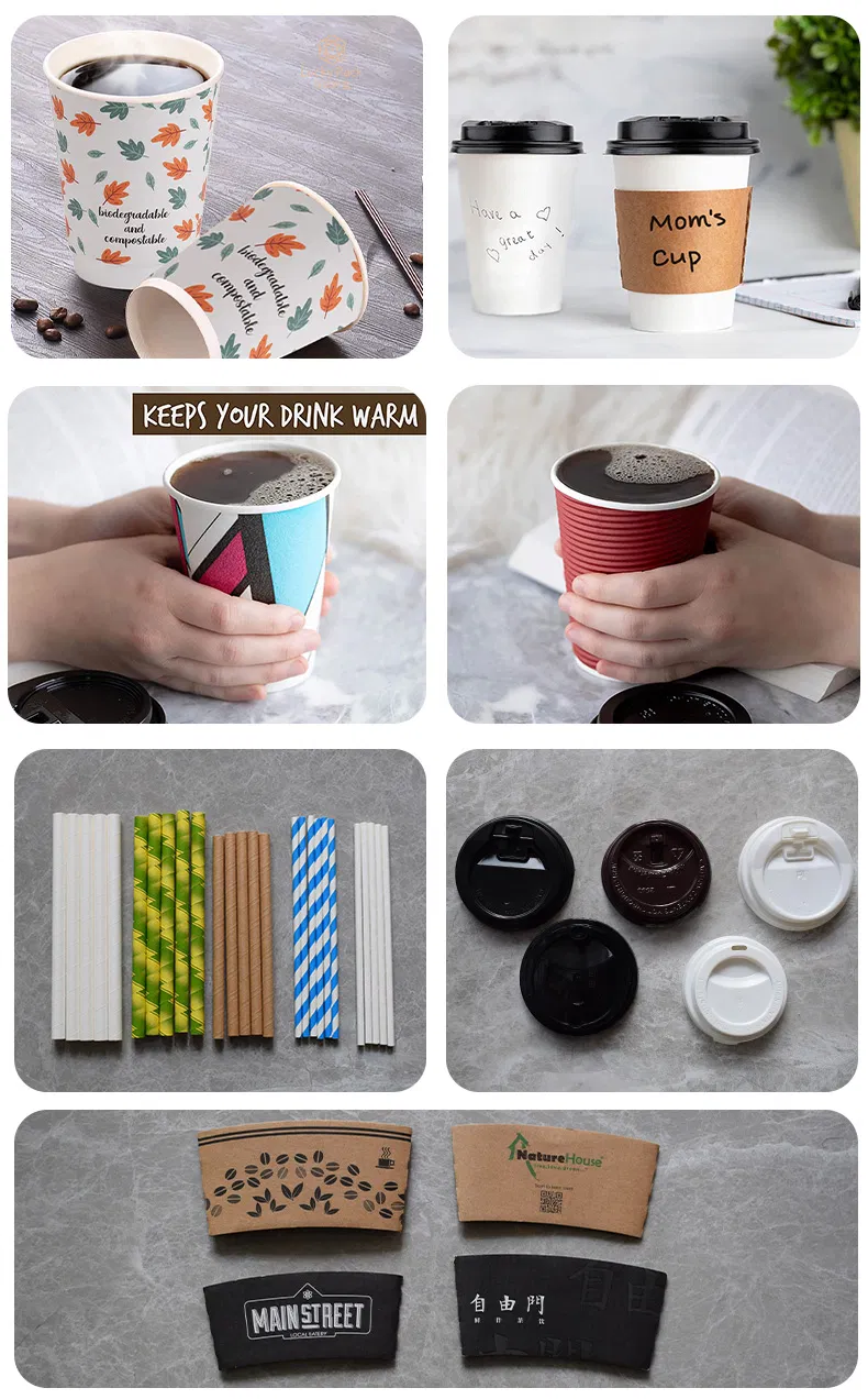 4-20oz Copos de papel descartáveis de parede simples e dupla com ondulação para bebidas frias e quentes