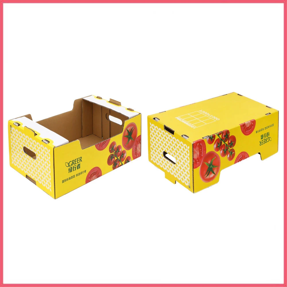 Caixa de papelão ondulado impresso para embalagem de frutas e vegetais como cereja, abacate, abacaxi, tomate, laranja, maçã, limão, manga e banana