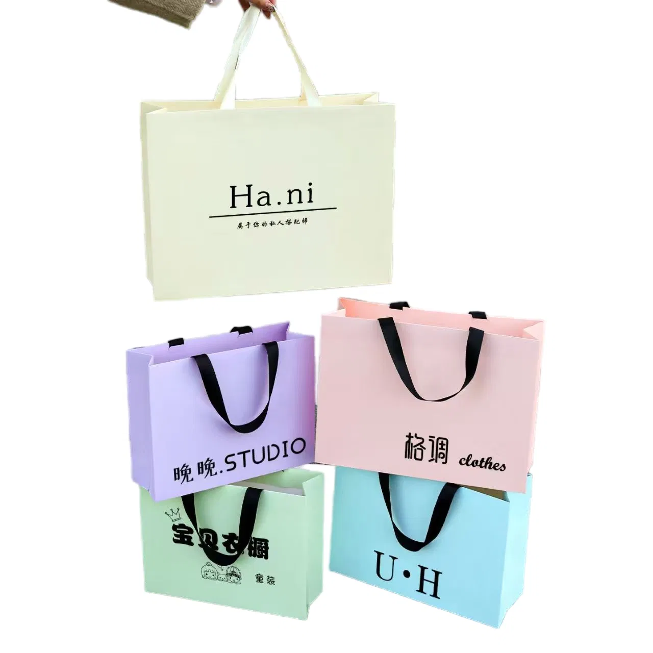 Sacolas de papel personalizadas para compras reutilizáveis com logotipo, embalagem de roupas, com alça