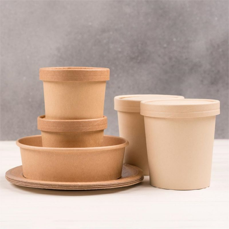 Bowl de sopa quente de noodle descartável compostável biodegradável de papel kraft branco com tampa de PP