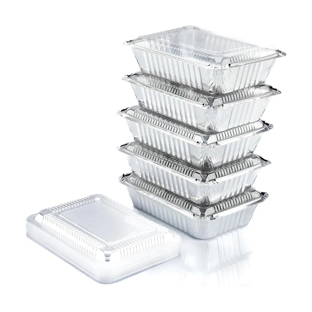Recipiente de alumínio descartável personalizado para alimentos, bandeja de papel alumínio para assar, recipiente retangular de papel alumínio com tampas de papel