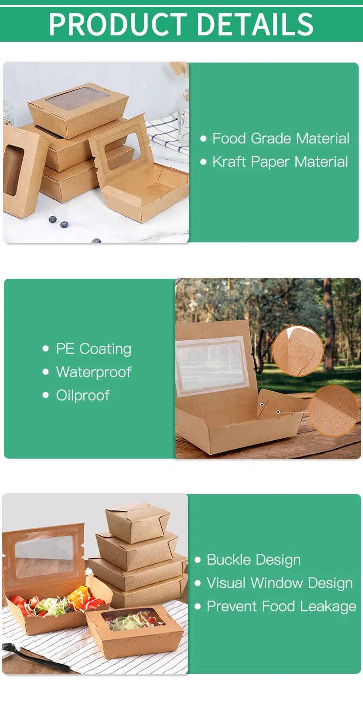 Caixa de Papel Kraft Reutilizável com Revestimento de PE para Fast Food, Caixa de Embalagem para Alimentos, Recipiente de Papel para Comida