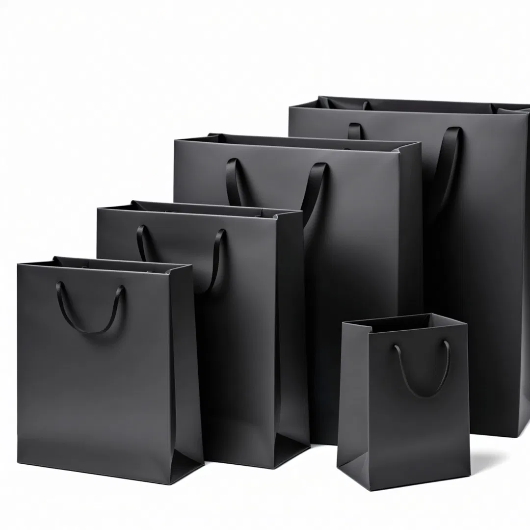Saco de presente personalizado com logotipo, sacos de papel preto com alça de fita para compras