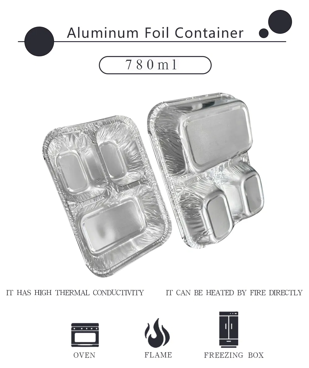 Container de comida descartável para restaurantes, com múltiplos compartimentos, em alumínio com tampa de papel