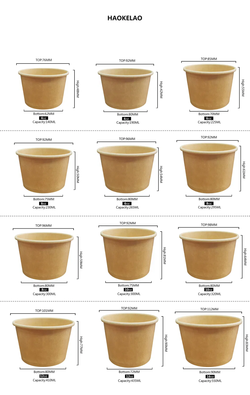 Bowl de Papel Branco de Grau Alimentício Ecológico Descartável para Sorvete, Sobremesa, Bebida Fria, Sopa Quente, Copo de Kraft para Embalagem de Comida para Viagem
