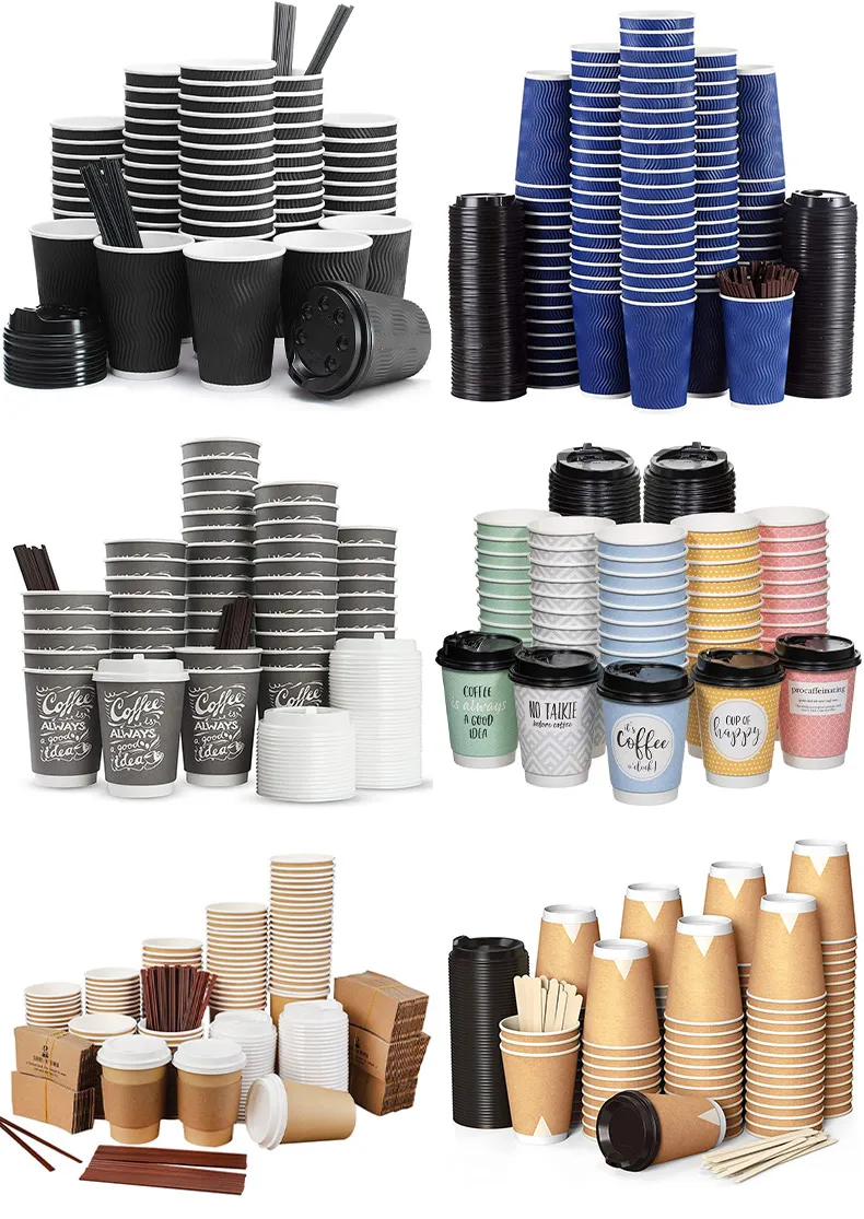4-20oz Copos de papel descartáveis de parede simples e dupla com ondulação para bebidas frias e quentes