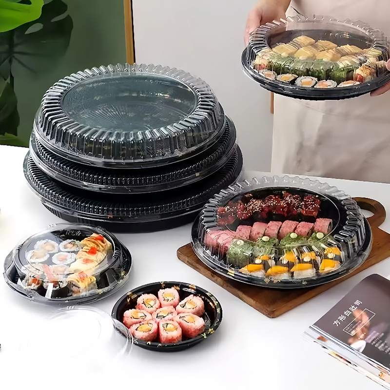 Bandeja de plástico descartável para sushi, prato de sushi, recipiente de comida para viagem, caixas de embalagem para sushi